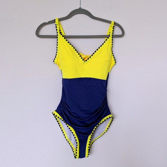 Aidonger Other - Aidonger Colorblock One Piece‎ Swimsuit Women S Yellow Navy Ruched Ric Rac Trim